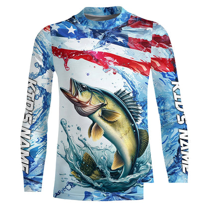 Personalized Patriotic Walleye Long Sleeve Fishing Shirts, American Flag Fishing Shirts IPHW7186