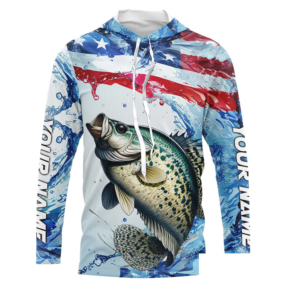 Personalized Patriotic Crappie Long Sleeve Fishing Shirts, American Flag Fishing Shirts IPHW7187