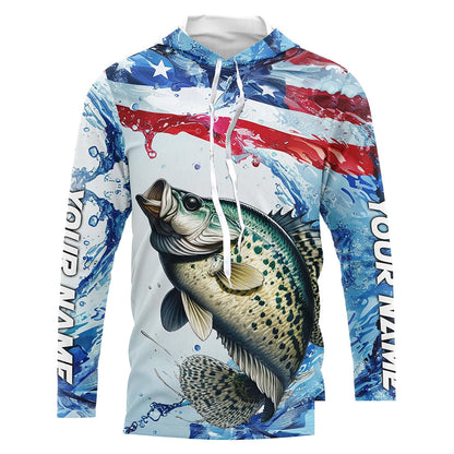 Personalized Patriotic Crappie Long Sleeve Fishing Shirts, American Flag Fishing Shirts IPHW7187