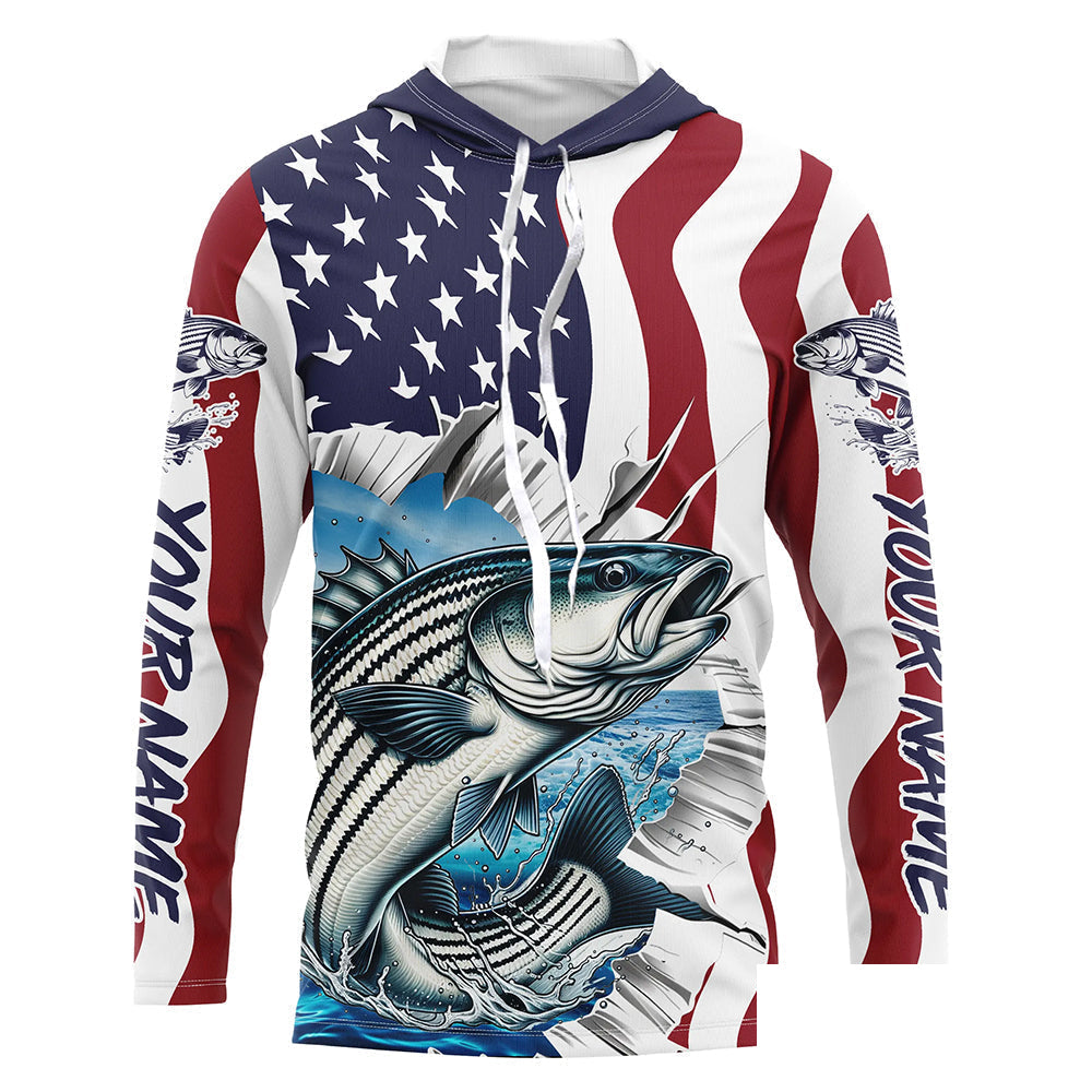 Custom American Flag Striped Bass Long Sleeve Fishing Shirts, Patriotic Striper Fishing Jerseys IPHW6117
