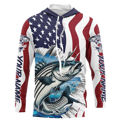 Custom American Flag Striped Bass Long Sleeve Fishing Shirts, Patriotic Striper Fishing Jerseys IPHW6117