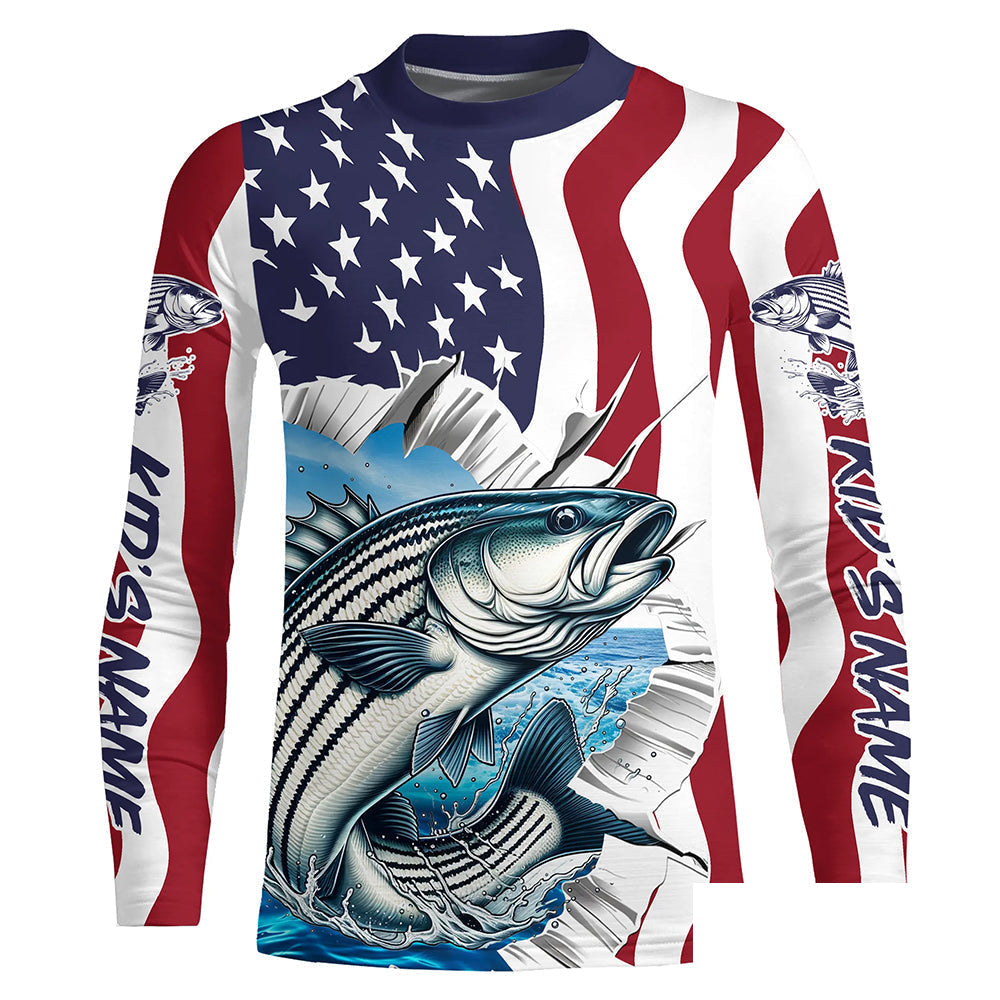 Custom American Flag Striped Bass Long Sleeve Fishing Shirts, Patriotic Striper Fishing Jerseys IPHW6117