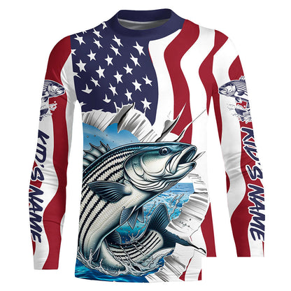 Custom American Flag Striped Bass Long Sleeve Fishing Shirts, Patriotic Striper Fishing Jerseys IPHW6117
