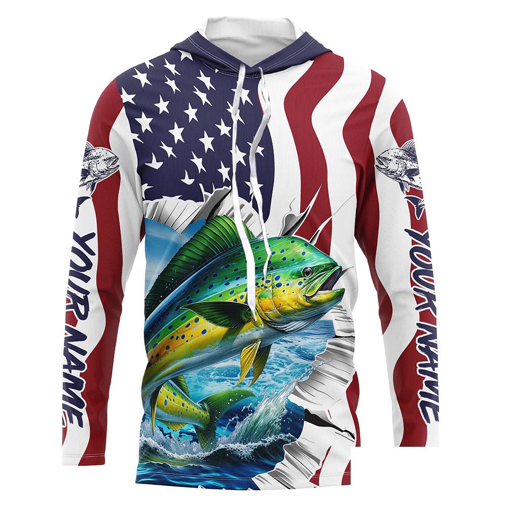 Custom American Flag Mahi Mahi Long Sleeve Fishing Shirts, Patriotic Mahimahi Fishing Jerseys IPHW6118