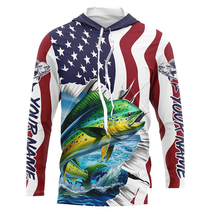 Custom American Flag Mahi Mahi Long Sleeve Fishing Shirts, Patriotic Mahimahi Fishing Jerseys IPHW6118