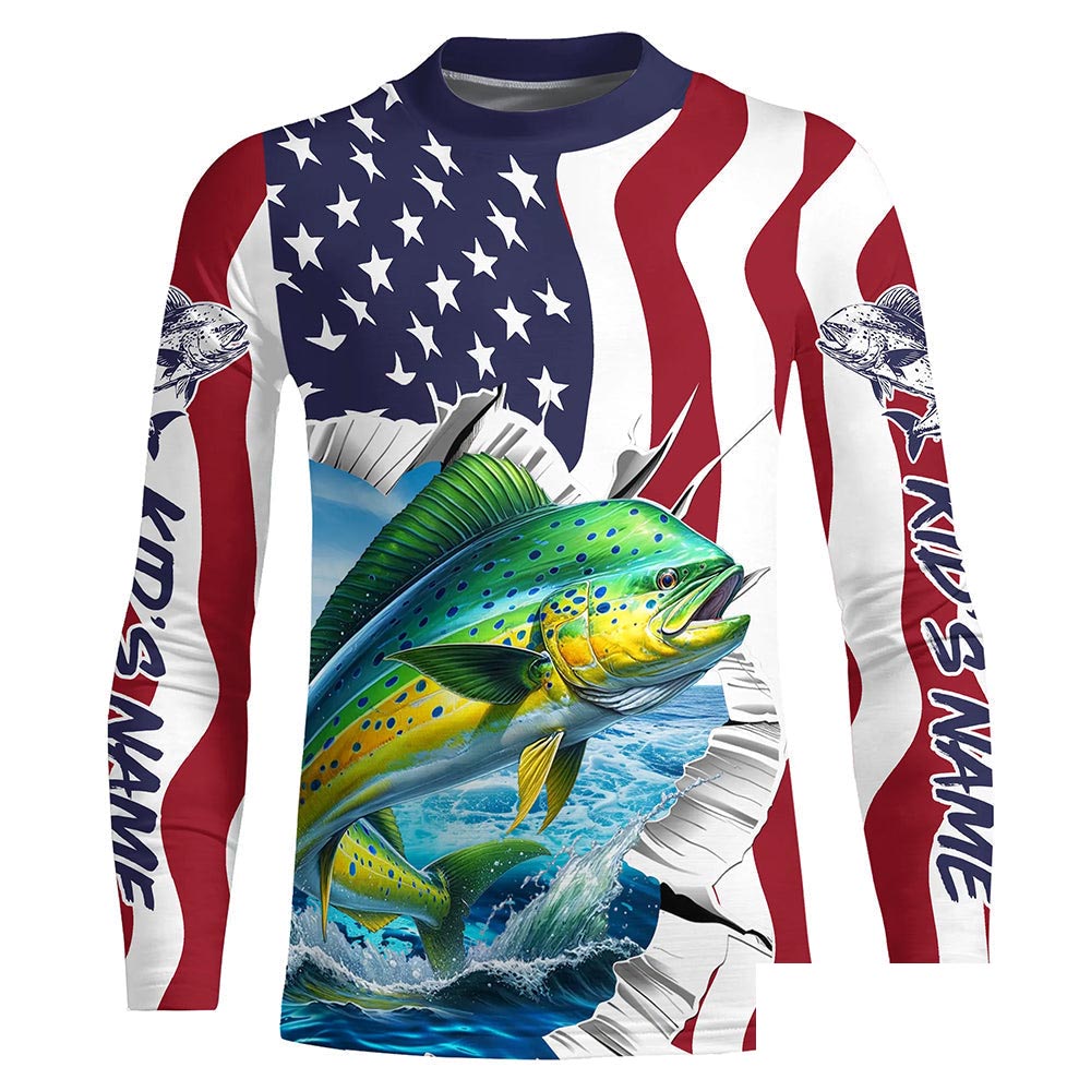 Custom American Flag Mahi Mahi Long Sleeve Fishing Shirts, Patriotic Mahimahi Fishing Jerseys IPHW6118