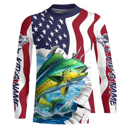 Custom American Flag Mahi Mahi Long Sleeve Fishing Shirts, Patriotic Mahimahi Fishing Jerseys IPHW6118