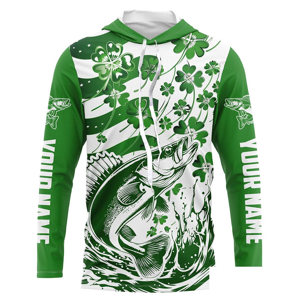Custom St Patrick'S Day American Flag Walleye Fishing Shirts, Shamrock Flag Walleye Fishing Jerseys IPHW5896