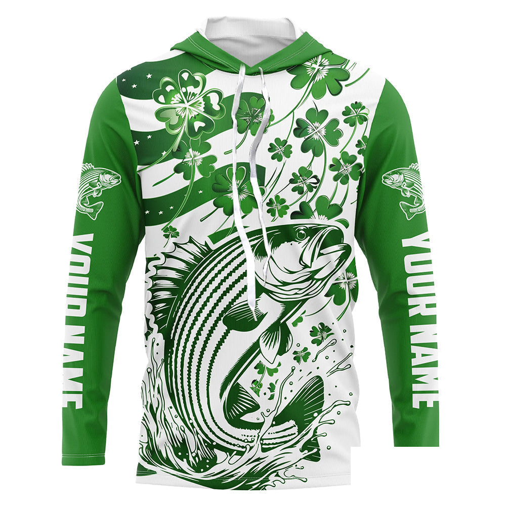 Custom St Patrick'S Day American Flag Striped Bass Fishing Shirts, Patriotic Striper Fishing Jerseys IPHW5897
