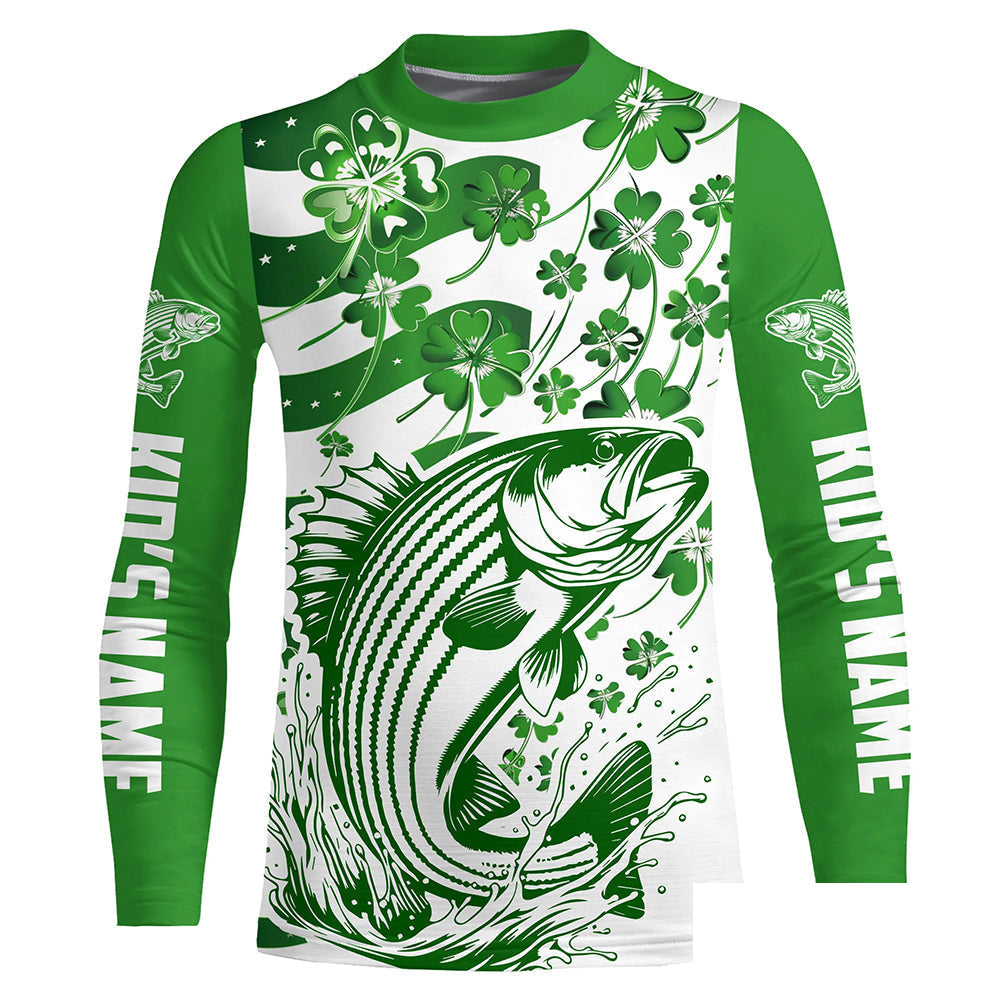 Custom St Patrick'S Day American Flag Striped Bass Fishing Shirts, Patriotic Striper Fishing Jerseys IPHW5897