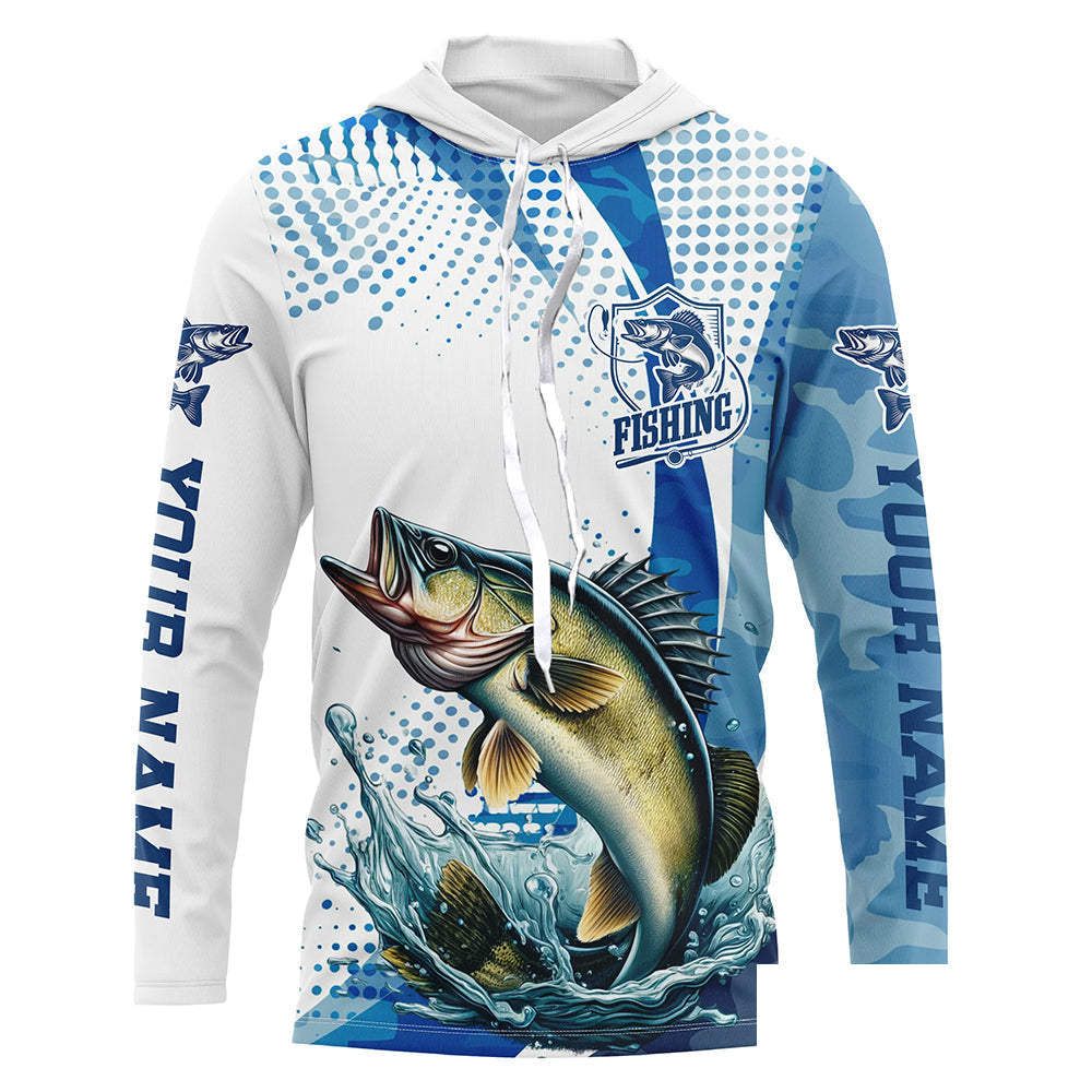 Custom Walleye Long Sleeve Fishing Shirts, Walleye Fishing Tournament Shirts | Blue Camo IPHW6833