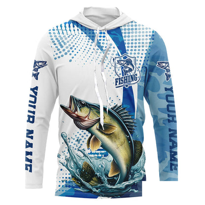 Custom Walleye Long Sleeve Fishing Shirts, Walleye Fishing Tournament Shirts | Blue Camo IPHW6833
