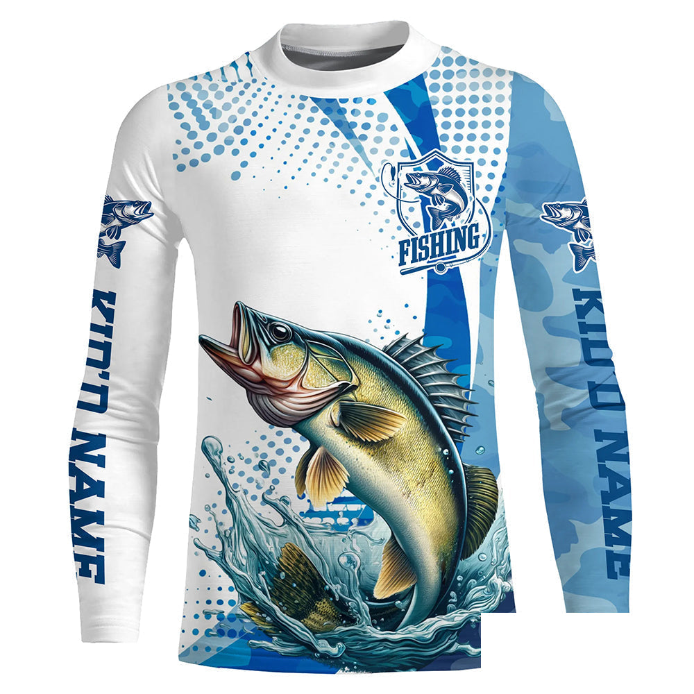 Custom Walleye Long Sleeve Fishing Shirts, Walleye Fishing Tournament Shirts | Blue Camo IPHW6833