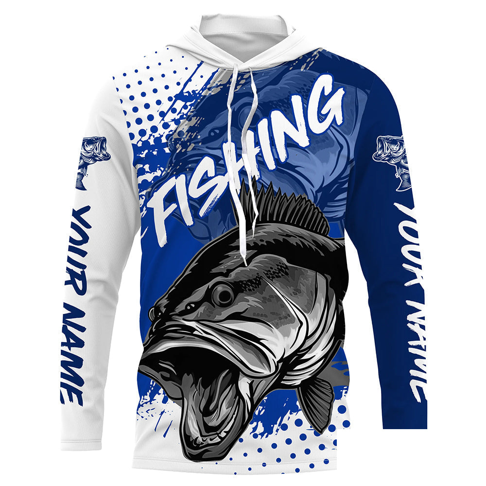 Personalized Bass Long Sleeve Tournament Fishing Shirts, Custom Bass Fishing Jerseys | Blue IPHW5800