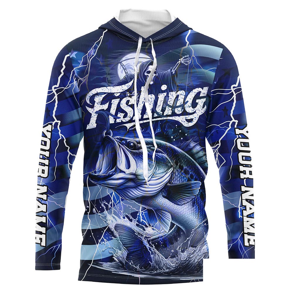Blue Lightning American Flag Custom Bass Fishing Long Sleeve Shirts, Fish Reaper Fishing Jerseys IPHW6686