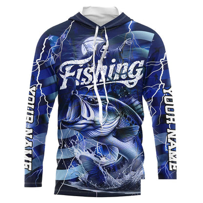 Blue Lightning American Flag Custom Bass Fishing Long Sleeve Shirts, Fish Reaper Fishing Jerseys IPHW6686