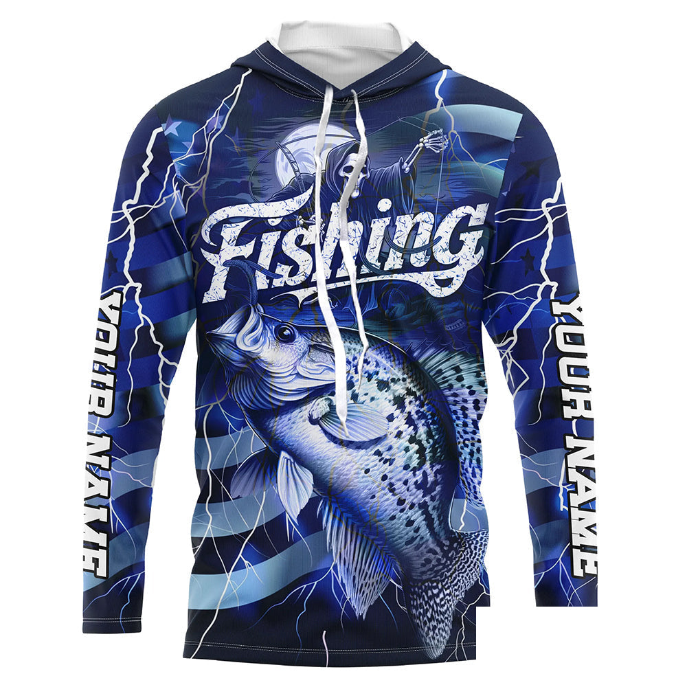 Blue Lightning American Flag Custom Crappie Fishing Long Sleeve Shirts, Fish Reaper Fishing Jerseys IPHW6687