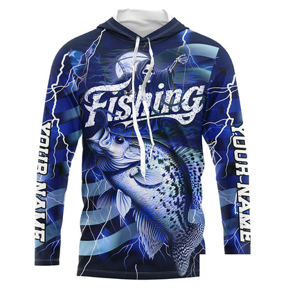 Blue Lightning American Flag Custom Crappie Fishing Long Sleeve Shirts, Fish Reaper Fishing Jerseys IPHW6687