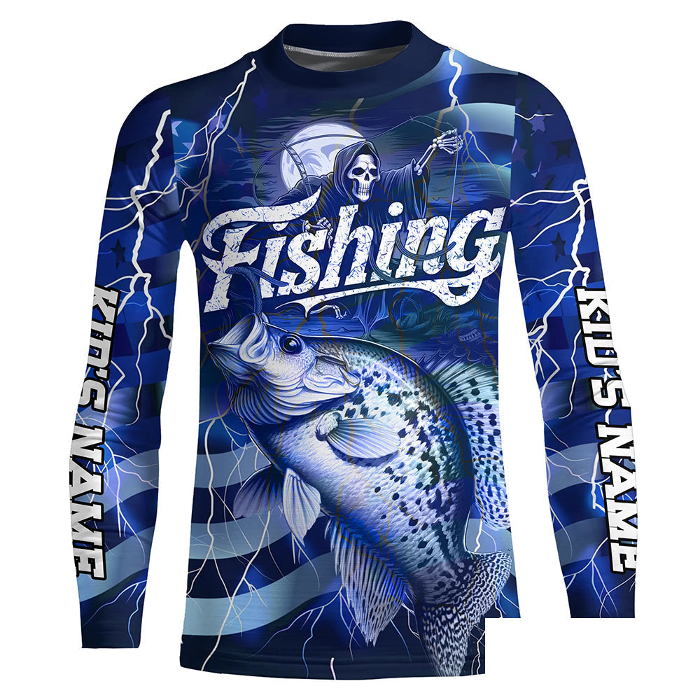 Blue Lightning American Flag Custom Crappie Fishing Long Sleeve Shirts, Fish Reaper Fishing Jerseys IPHW6687