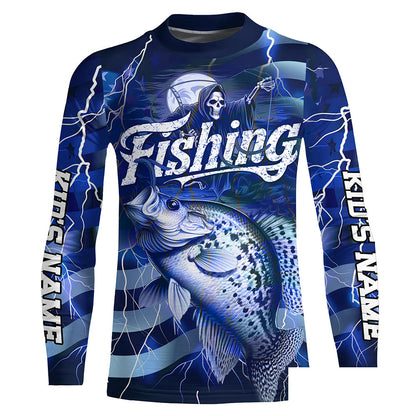 Blue Lightning American Flag Custom Crappie Fishing Long Sleeve Shirts, Fish Reaper Fishing Jerseys IPHW6687