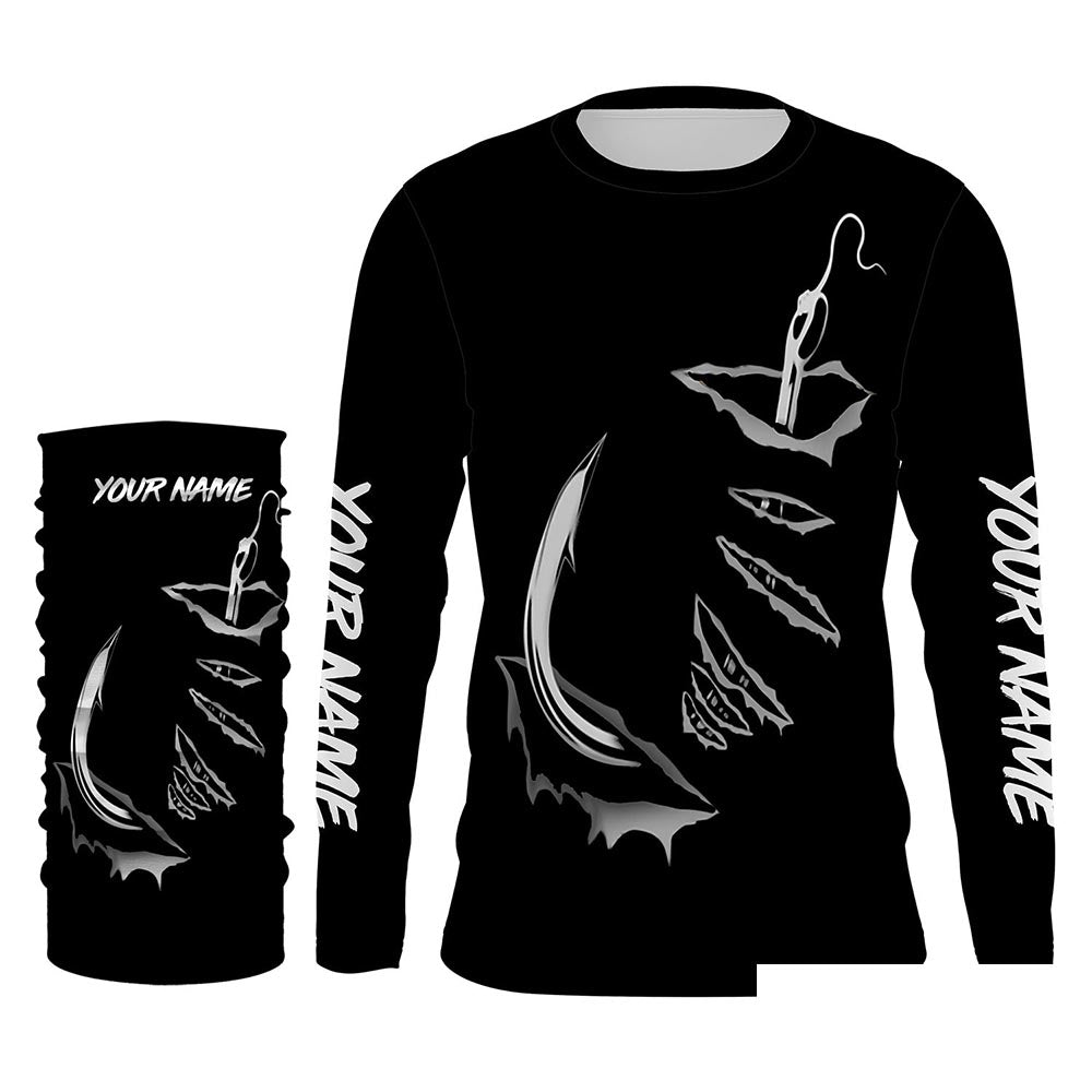 3D Fish hook Customize UV Protection Long sleeve performance black Fishing Shirts - IPHW522