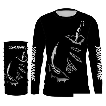 3D Fish hook Customize UV Protection Long sleeve performance black Fishing Shirts - IPHW522