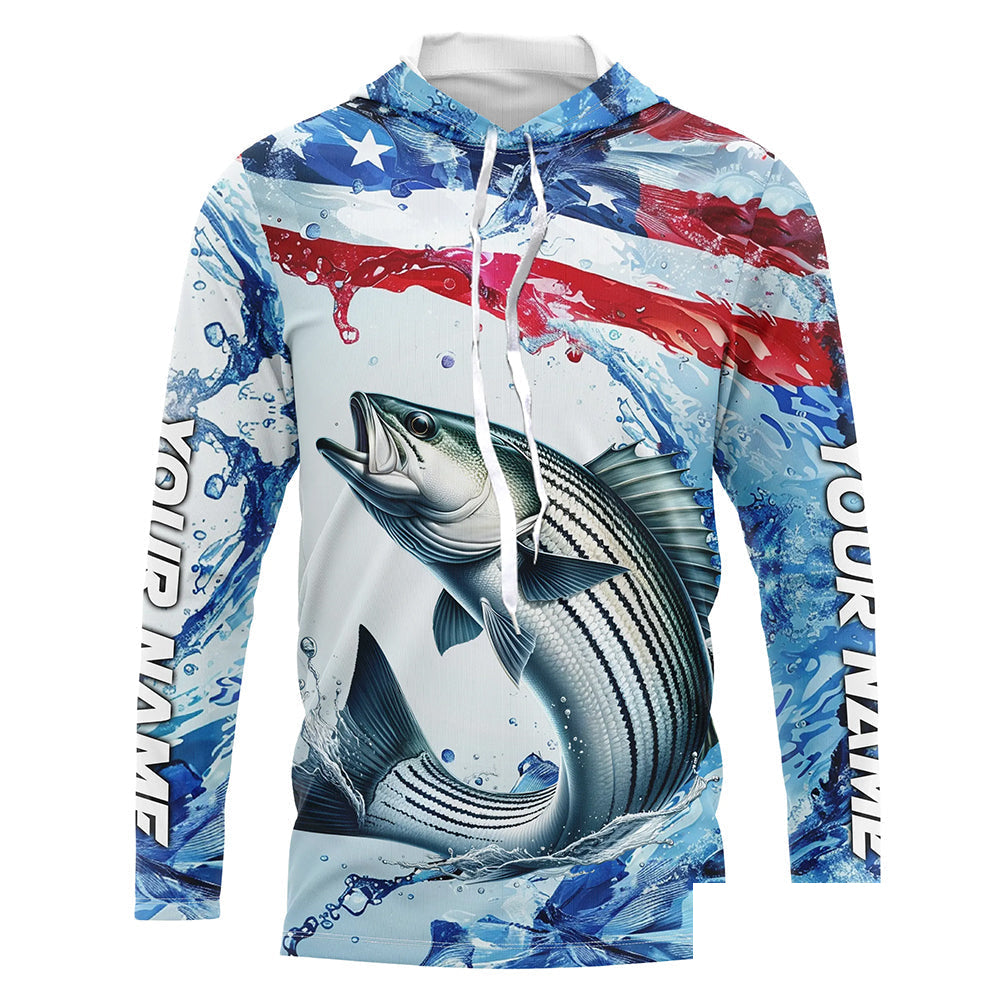 Striped Bass Fishing American Flag Saltwater Fishing Shirts, Custom Striper Fishing Jerseys IPHW6528