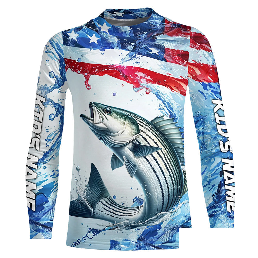 Striped Bass Fishing American Flag Saltwater Fishing Shirts, Custom Striper Fishing Jerseys IPHW6528