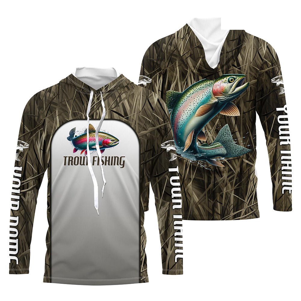 Rainbow Trout Fishing Grass Camo Custom Long Sleeve Fishing Shirts, Trout Tournament Fishing Jerseys IPHW6531