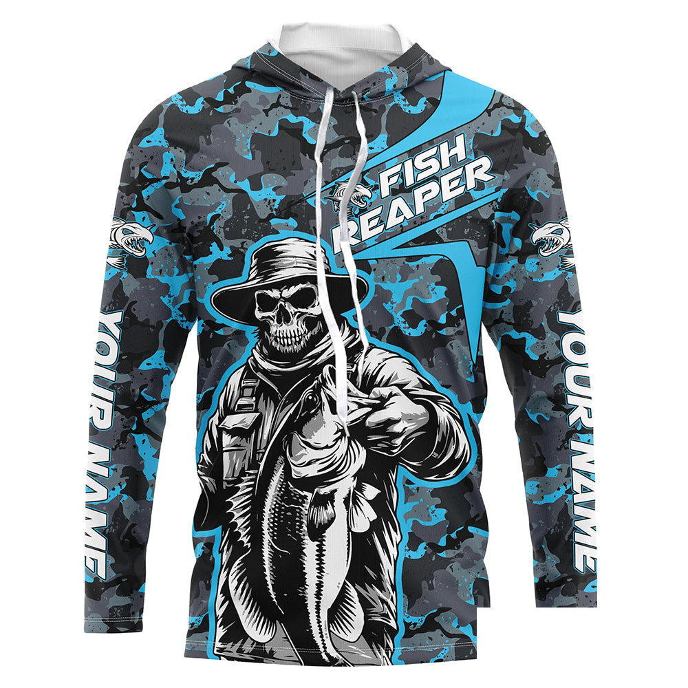 Custom Fish Reaper Skull Bass Long Sleeve Fishing Shirt, Bass Hunter Blue Camo Fishing Jerseys IPHW5638