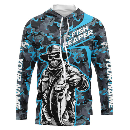 Custom Fish Reaper Skull Bass Long Sleeve Fishing Shirt, Bass Hunter Blue Camo Fishing Jerseys IPHW5638
