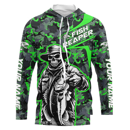 Custom Fish Reaper Skull Bass Long Sleeve Fishing Shirt, Bass Hunter Green Camo Fishing Jerseys IPHW5639