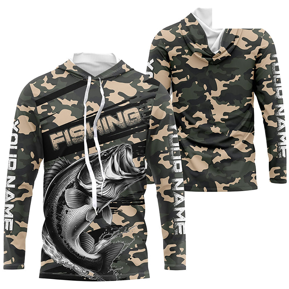 Largemouth Bass Fishing Camo Custom Long Sleeve Shirts, Patriotic Bass Fishing Jerseys IPHW6043