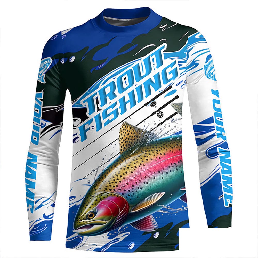 Rainbow Trout Custom Long Sleeve Fishing Shirts, Trout Fly Fishing Jerseys | Blue Camo IPHW6290