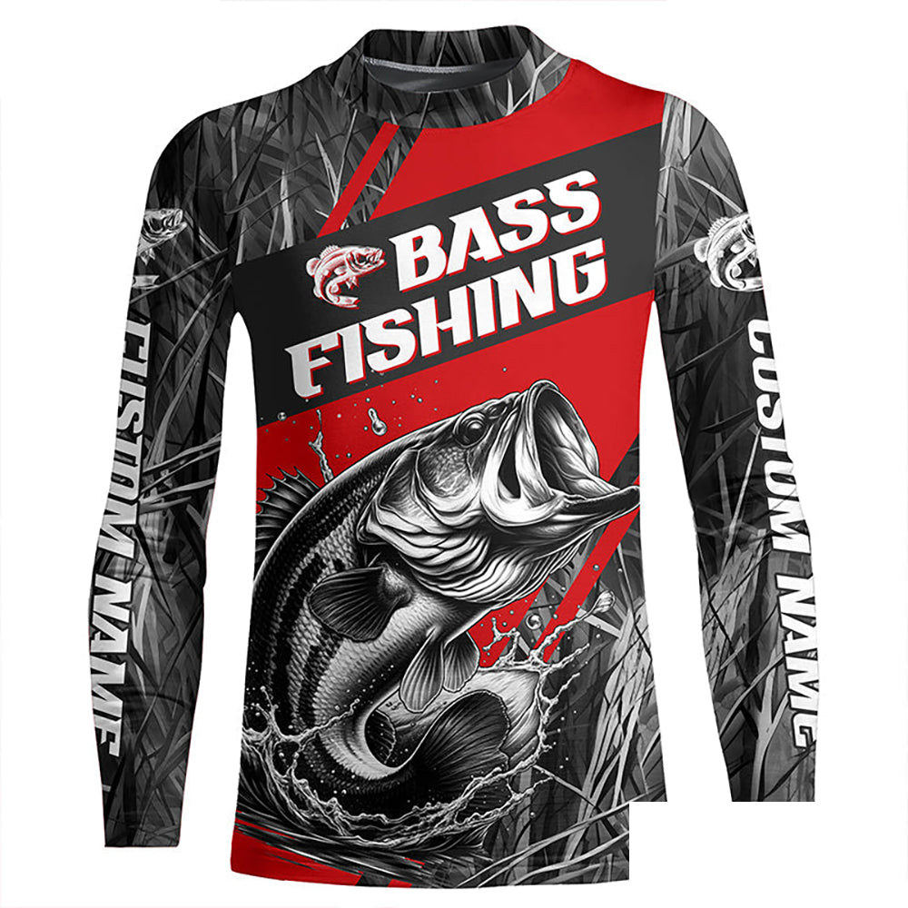 Black And Red Camo Bass Long Sleeve Tournament Fishing Shirts, Custom Bass Fishing Jerseys IPHW6315