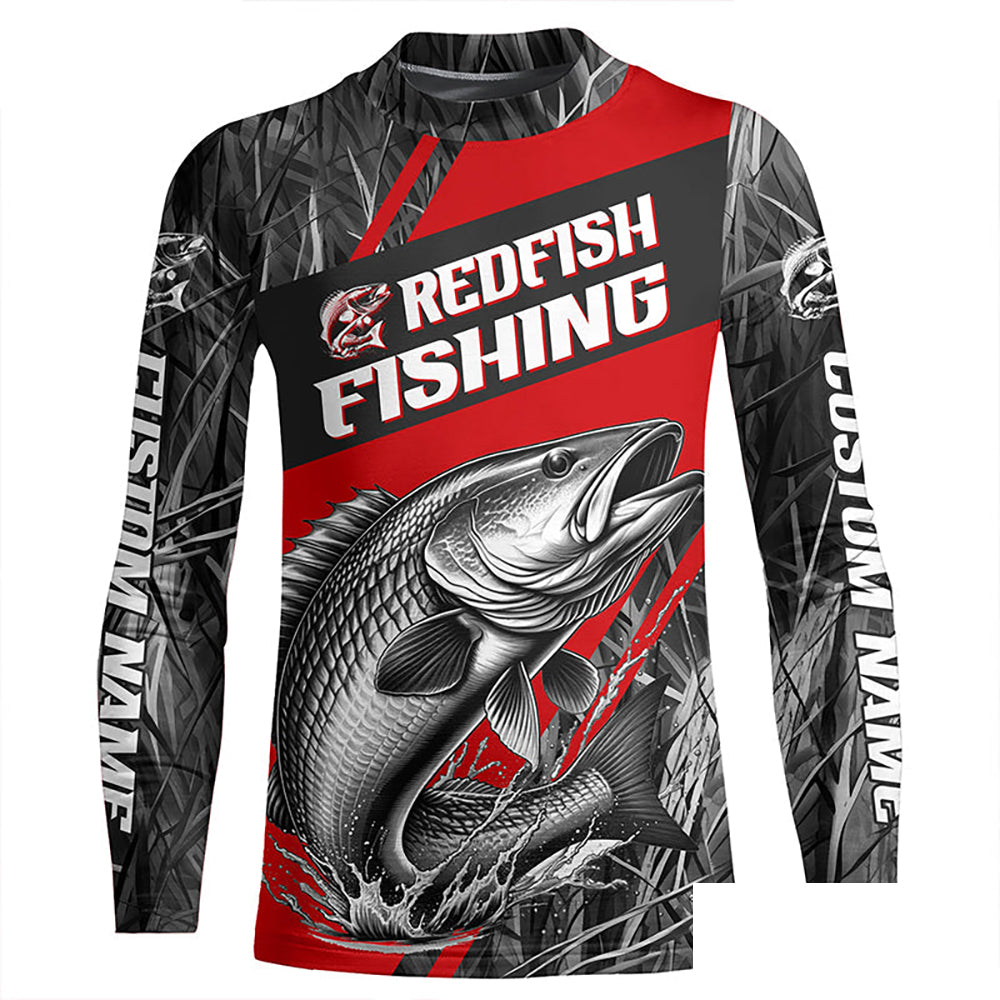 Black And Red Camo Redfish Long Sleeve Tournament Fishing Shirts, Custom Redfish Fishing Jerseys IPHW6316