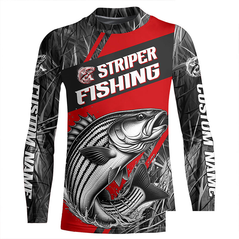 Black And Red Camo Striped Bass Long Sleeve Tournament Fishing Shirts, Custom Striper Fishing Jersey IPHW6317