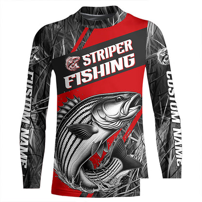 Black And Red Camo Striped Bass Long Sleeve Tournament Fishing Shirts, Custom Striper Fishing Jersey IPHW6317