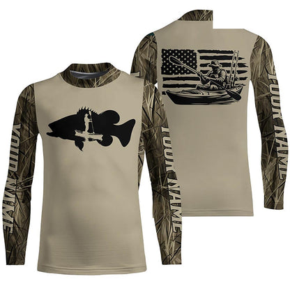 Personalized American Flag Kayak Bass Fishing Long Sleeve Shirts, Lake Camo Kayak Fishing Shirt IPHW6053
