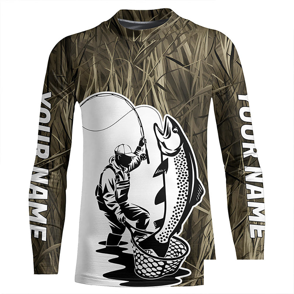 Custom Trout Fishing Camo Long Sleeve Fishing Shirts, Trout Tournament Fly Fishing Shirt IPHW7438