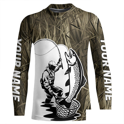 Custom Trout Fishing Camo Long Sleeve Fishing Shirts, Trout Tournament Fly Fishing Shirt IPHW7438