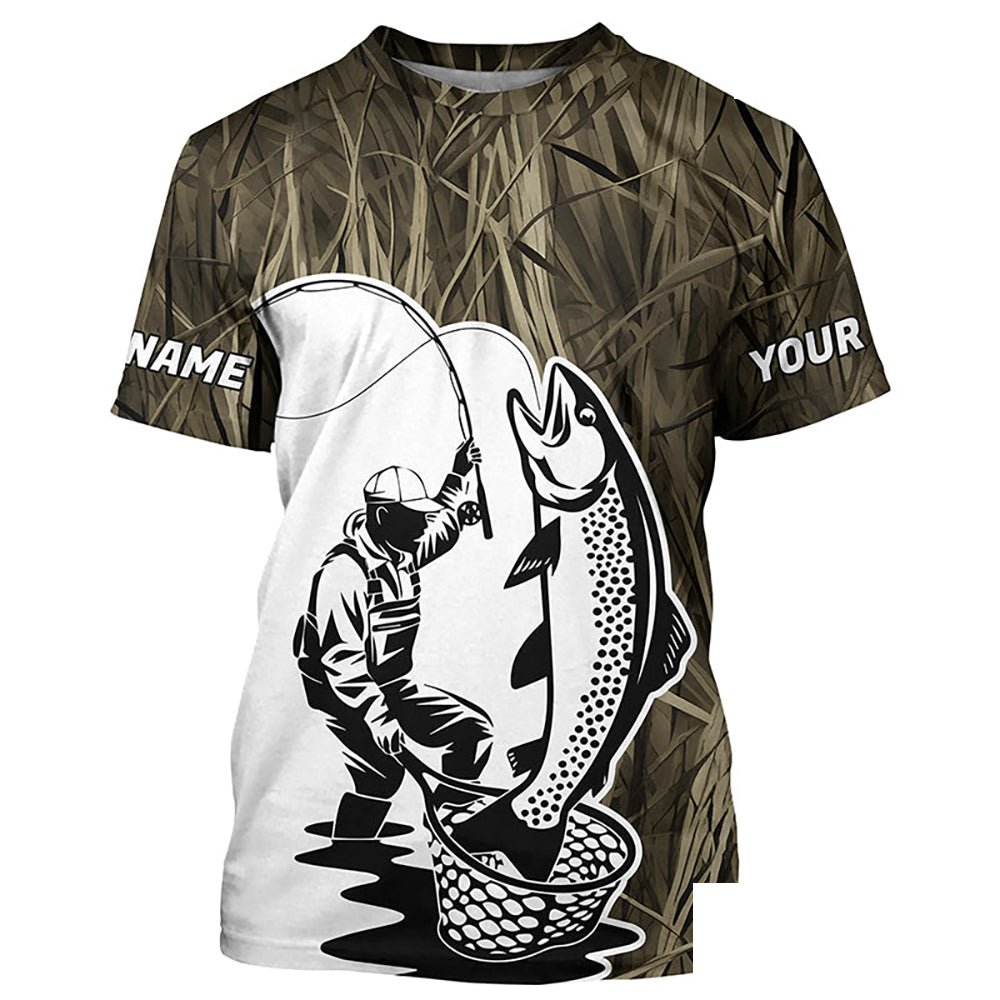 Custom Trout Fishing Camo Long Sleeve Fishing Shirts, Trout Tournament Fly Fishing Shirt IPHW7438
