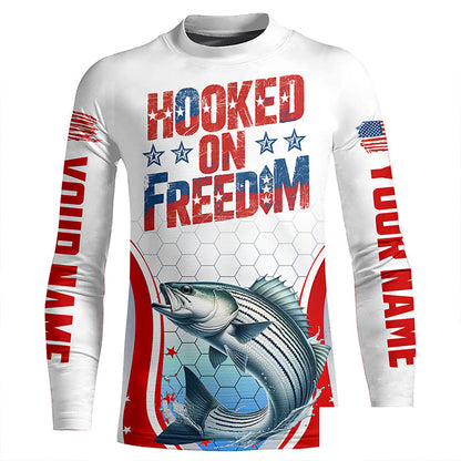 American Flag Striped Bass Custom Long Sleeve Fishing Shirts, Patriotic Fishing Jerseys IPHW6814