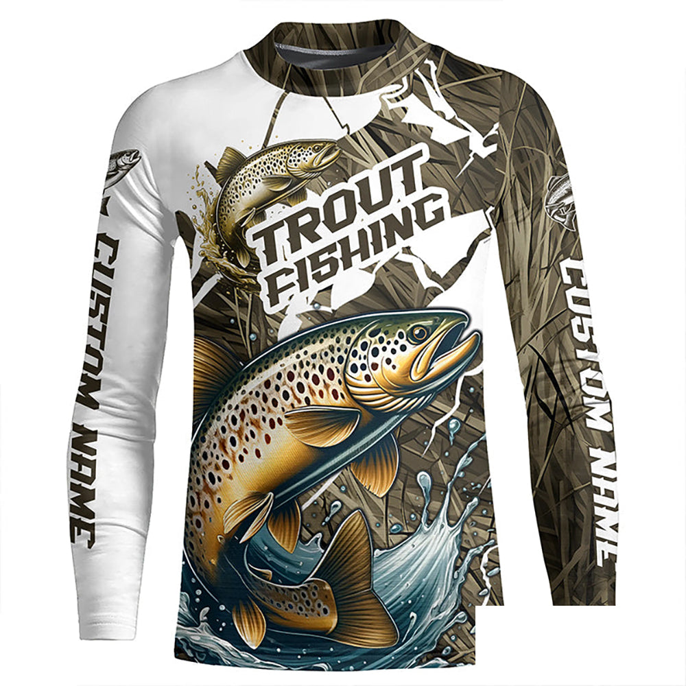 Brown Trout Fishing Custom Long Sleeve Tournament Shirts, Trout Fly Fishing Jerseys Grass Camo IPHW6451