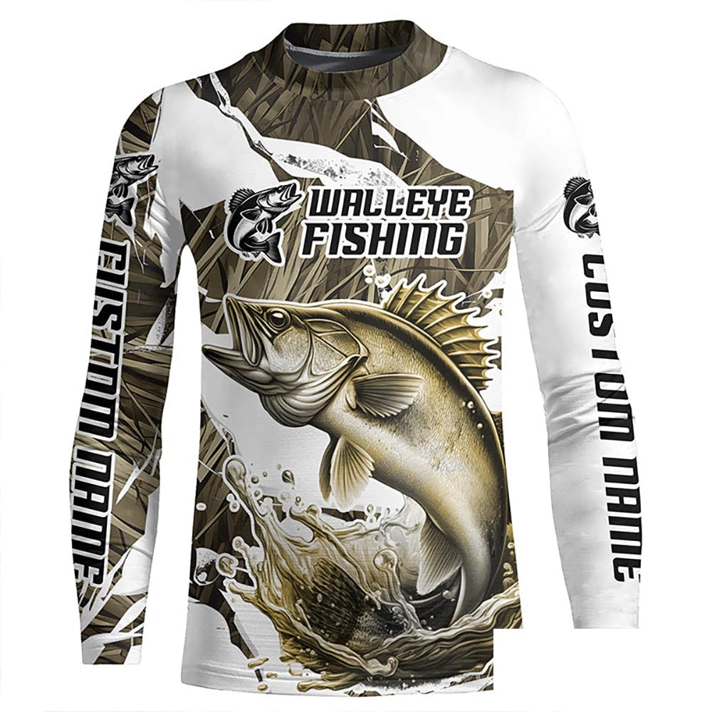 Grass Camo Custom Walleye Fishing Long Sleeve Tournament Fishing Shirts, Walleye Fishing Apparel IPHW6461