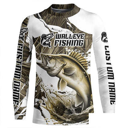 Grass Camo Custom Walleye Fishing Long Sleeve Tournament Fishing Shirts, Walleye Fishing Apparel IPHW6461