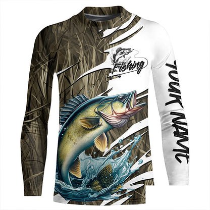 Walleye Fishing Custom Camo Long Sleeve Fishing Shirts, Walleye Fishing Tournament Apparel IPHW7196