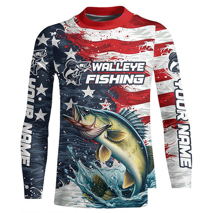 Custom Walleye Fishing American Flag Long Sleeve Fishing Shirts, Patriotic Walleye Fishing Shirts IPHW6823