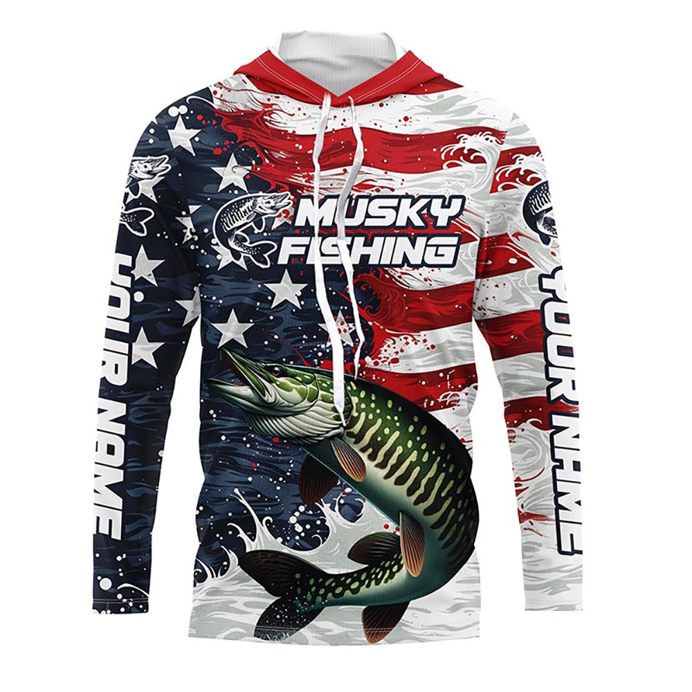 Custom Musky Fishing American Flag Long Sleeve Fishing Shirts, Patriotic Musky Fishing Shirts IPHW6825