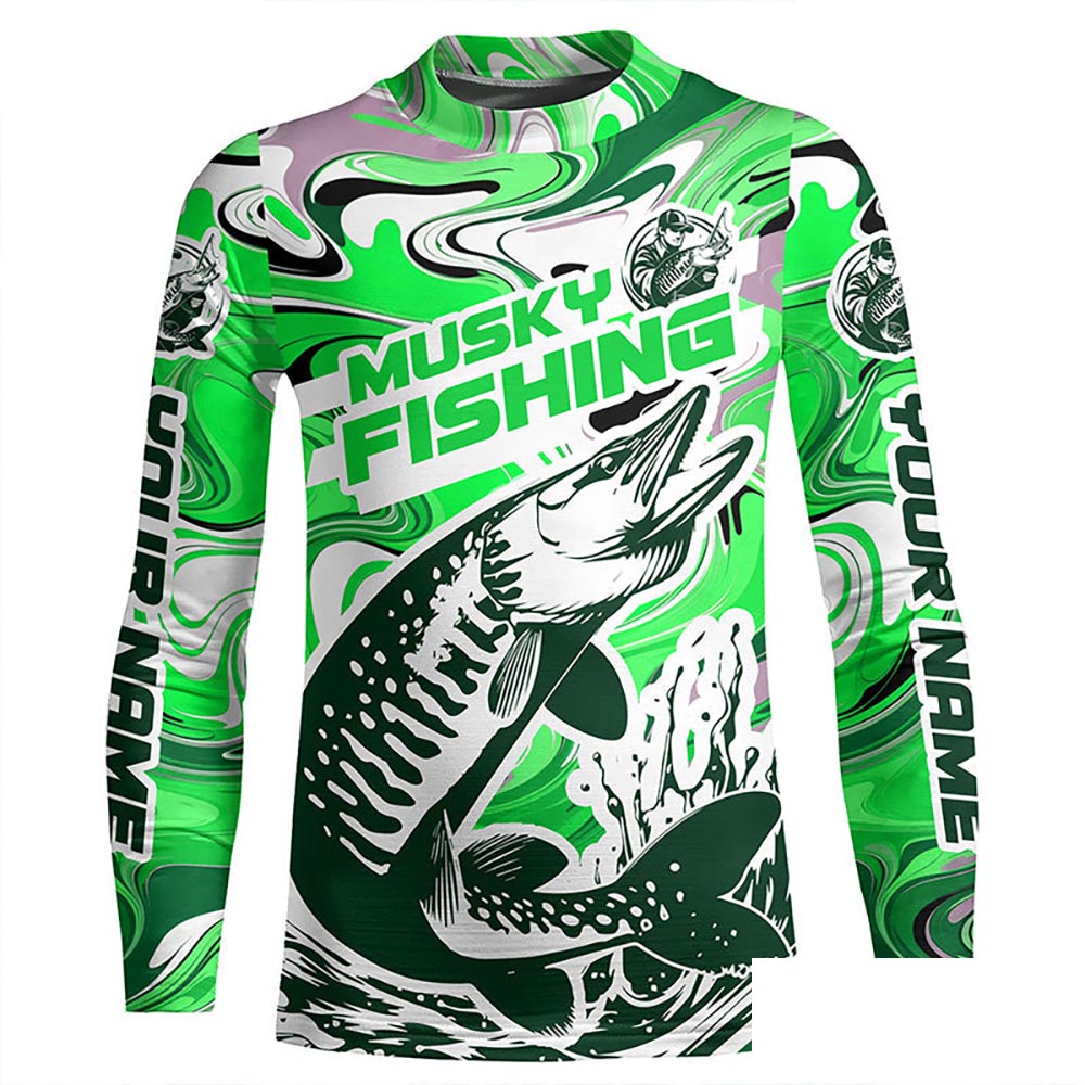 Custom Musky Long Sleeve Tournament Fishing Shirts, Water Camo Muskie Fishing Jerseys | Green IPHW6162